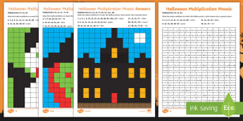 LKS2 Halloween Multiplication Mosaics Differentiated Activity Sheets - times tables, x tables, times tables activity sheets, year 3 times tables, year 4 times tables.