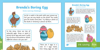 Brenda's Boring Egg Home Learning Challenges Nursery FS1 - EYFS, Early Years, Twinkl Originals, Twinkl Fiction, Home Learning, Homework, Brenda's Boring Egg, 