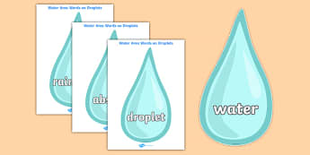 Water Area Words on Droplets - Water area, drop, droplet, water play, water, water display, splash, drop, drip, wet, float, sink