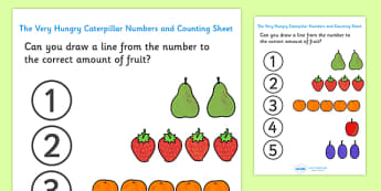 Numbers and Counting Sheet to Support Teaching on The Very Hungry Caterpillar - counting, numbers, the Very Hungry Caterpillar,  Eric Carle, resources, Hungry Caterpillar, life cycle of a butterfly, days of the week, food, fruit, story, story book, s