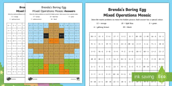 Brenda's Boring Egg Maths Mixed Operations Mosaic Activity Sheet - twinkl originals, fiction, KS1, Maths, Multiplication, division, addition, subtraction, worksheet