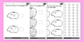How Much Money Is In My Piggy Bank? Specific Amounts Worksheets - money