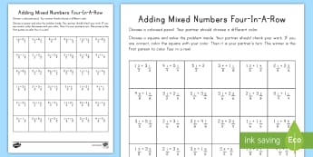 Adding Mixed Numbers 4-in-a-Row Game - mixed numbers, adding mixed numbers, improper fractions, simplifying fractions, fractions, common co