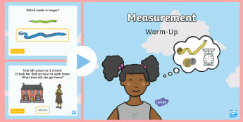 Year 1 Measurement Warm-Up PowerPoint - maths, numeracy, measurement, capacity, length, mass, centimetres, volume, measure, size, weight, wa