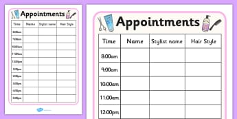 Hairdressers Role Play Appointment Sheet - Hairdresser Role Play, salon role play, hairdresser resources, salon resources, hairdryer, hairdresser, stylist, customer, hairstyle, role play, display, poster