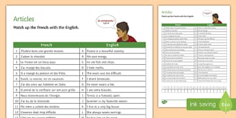 French Articles Match-Up Activity Sheet-French