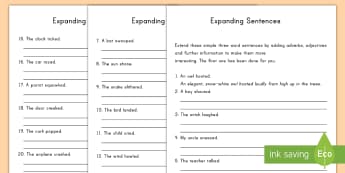 Expanding Sentences Activity Sheets - sentences, expanding, words, English