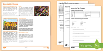 Carnival in France Differentiated Reading Comprehension Activity  - Carnival, costumes, parades, Pagan festival, fast,Arabic