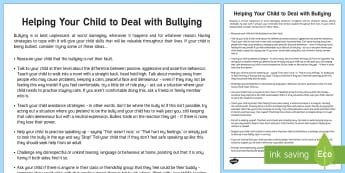 Helping Your Child to Deal with Bullying Parent and Carer Information Sheet - wellbeing, health, fitness, parents, carers, bullying, support, emotional health, mental health