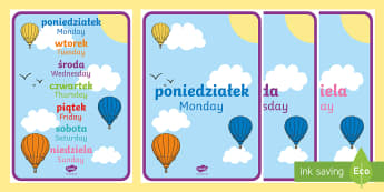 Days of the Week A4 Display Posters Polish/English - Language Packs,-translation, polish, week, posters, days