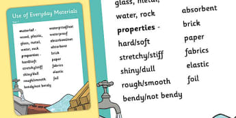 Year 1 Everyday Materials Scientific Vocabulary Poster - posters