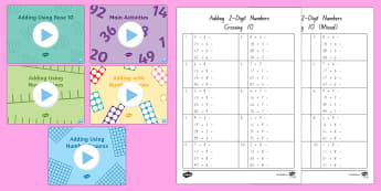 Adding Two Digit Numbers and Ones Crossing 10 Activity Pack - New Zealand, maths, adding, addition, numbers to 100, teaching pack, Year 3, age 7, age 8, age 9, br