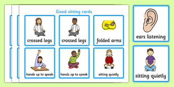 Good Sitting Cards - Good sitting, listen, behaviour management, SEN, good sitting, crossed legs, folder arms, hands up, quiet, good listening, good looking, lips closed, listening, brain box