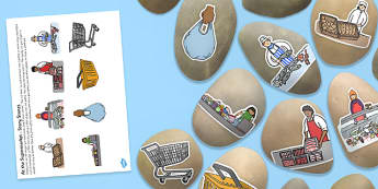 At the Supermarket Shopping Themed Story Stones Image Cut Outs - Story stones, stone art, painted rocks,  storytelling, shops, everyday life