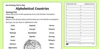 Alphabetical Countries Activity Sheet, worksheet