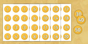 Numbered Pirate Coin Cut-Outs - Pirate, Pirates, Topic, Word card,word cards, Fantasy topic, treasure, money, numeracy, coins, bounty