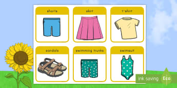Summer Clothes Picture Cards - weather, wear, hot, outside, warm
