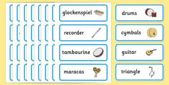Music Topic Word Cards - Music, instrument, word card, flashcard, word cards, playing instruments, piano, drums, guitar, recorder, violin, triangle, cymbals, notes, music
