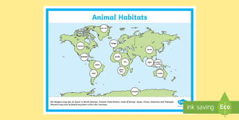 World Map Animal Habitat Display Poster Display Poster - World Map Animal Habitat Labelling Activity - world map, habitat, habitats, animals, around the worl