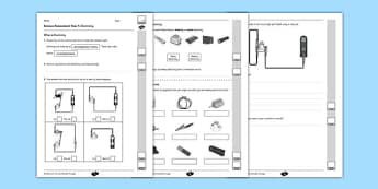 Year 4 Electricity End of Unit Assessment - circuits, switches, proton, neutron, electron, battery, bulb, wire, conductor, insulator