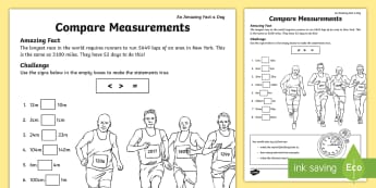 Comparing Measurements Activity Sheet - KS1, amazing fact august, measures, maths, length, worksheet