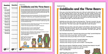 Goldilocks and the Three Bears Traditional Tales Differentiated Reading Comprehension Activity