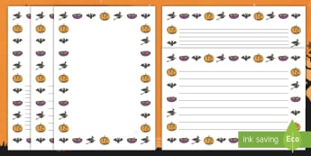 Halloween Page Borders - Halloween, page borders, writing borders, pumpkin , witch, bat, scary, black cat, mummy, grave stone, cauldron, broomstick, haunted house, potion, Hallowe'en