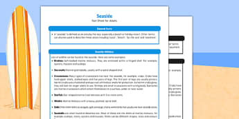 Seaside Fact Sheet for Adults - Early Years, KS1, beach, sea, summer, holidays, places