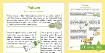EYFS Maths: Patterns Home Learning Challenges Nursery FS1 - sequence, repeat, home work, home links, home school, parent links, carers, adult input plan, adult 