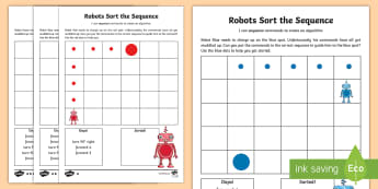 Robots Sort the Sequence Activity Sheet - KS2, curriculum aims, computing, program, algorithm, sequence, commands, plan, predict, coding, reor