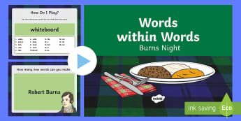 Words within Words Game Burns Night PowerPoint - KS1/KS2 EAL Words in Words, countdown, word games, vocabulary, spelling, phonics, reading, scotland,