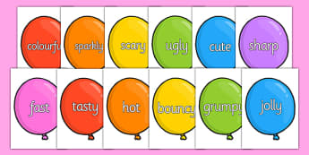 Wow Words on Party Balloons - Wow words, adjectives, VCOP, describing, Wow, display, poster, wow display, tasty, scary, ugly, beautiful, colourful sharp, bouncy