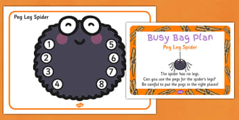 Peg Leg Spider Busy Bag Prompt Card and Resource Pack - matching, counting, skills, maths, KS1, key stage 1