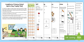 KS1 The Mystery of the Sports Day Trophy Maths Game - subtraction, problem solving, year 1, year 2, money, directions, measures