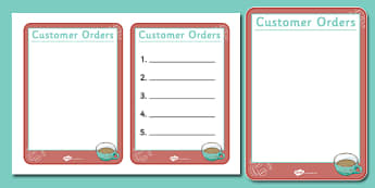 Cafe Order Forms - Cafe, Shop, role play, order, waitress, customer, waiter, menu, coffee, tea, waitress, till, cakes, cake, milk, sugar, table, chairs