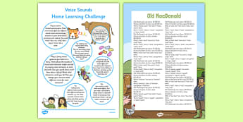 Voice Sounds EYFS Home Learning Challenge Sheet Reception FS2 - EYFS planning, Early years activities, homework activities, phonics, Letters and Sounds, Phase 1, Aspect 6.