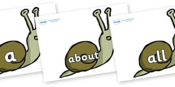 100 High Frequency Words on Snails - High frequency words, hfw, DfES Letters and Sounds, Letters and Sounds, display words