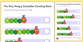 Counting Sheet to Support Teaching on The Very Hungry Caterpillar - counting, numbers, 1-1, one to one,  the Very Hungry Caterpillar, Eric Carle, numbers, counting, numeracy booklet, resources, Hungry Caterpillar, life cycle of a butterfly, days of t