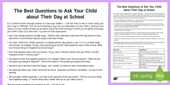 Questions to Ask Your Primary School Child about Their Day Parent and Carer Information Sheet - questions, advice, wellbeing, talking, primary, end of the day, end of day, well being, parent, 