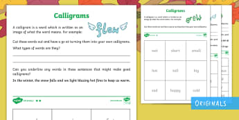 Little Acorns Calligrams Differentiated Activity Sheet - Literacy, English, Word Activities, worksheet, ks1, words as images, illustrated words, autumn, twin