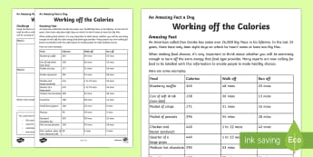 Working off the Calories Activity Sheet - Amazing Fact Of The Day, activity sheets, powerpoint, starter, morning activity, December, healthy e