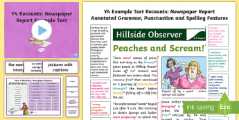 Y4 Recounts: Newspaper Report Example Text - genre, WAGOLL, exemplar, non-fiction, text, text features, SPaG, GPS, example, exemplifications, por