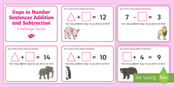 Gaps in Number Sentences Addition and Subtraction Challenge Cards