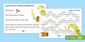 Doubling and Halving Board Game - double, half, numeracy, game, Double, half, multiply, divide, turn taking, bee, numbers to 20