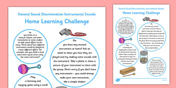 General Sound Discrimination Instrumental Sounds Home Learning Challenge Sheet FS1 - EYFS planning, Early years activities, homework activities, phonics, Letters and Sounds, Phase 1, Aspect 2, listening skills