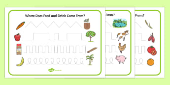 Where Does Food and Water Come from Pencil Control Activity Sheets