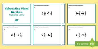 Subtracting Mixed Numbers Challenge Cards - addition, subtraction, adding fractions, subtracting fractions, mixed numbers fractions, fourth grad