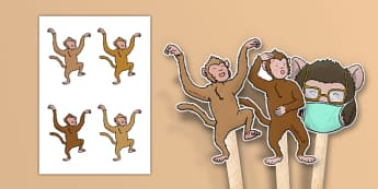 Five Little Monkeys Jumping on the Bed Stick Puppets - counting, 5, monkey, nursery rhyme, song, singing, early years, eyfs, ks1, foundation, reception, nursery, role play, acting