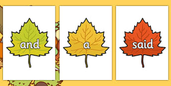 100 High Frequency Words on Autumn Leaves - High frequency words, hfw, Harvest, DfES Letters and Sounds, Letters and Sounds, Autumn, seasons,  A4, display, harvest,  harvest festival, fruit, apple, pear, orange, wheat, bread, grain, leaves, conker