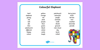 Colourful Elephant Word Mat (Text) - Elmer, Elmer the elephant, resources, Elmer story, patchwork elephant, PSHE, PSE, David McKee, colours, patterns, story, story book, story book resources, story sequencing, story resources, word mat, wri